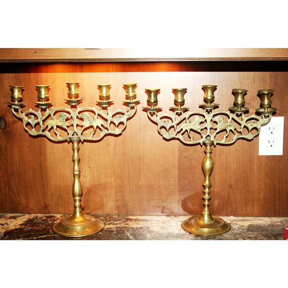 Antique Set of Judea Lions Three-Armed Shabbat Candelabra - Picture 3 of 8